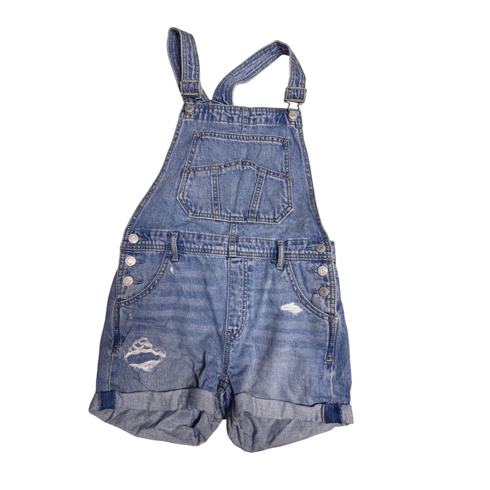 GAP Kids Denim Overalls Distressed Ripped Cuffed Jean Shorts L